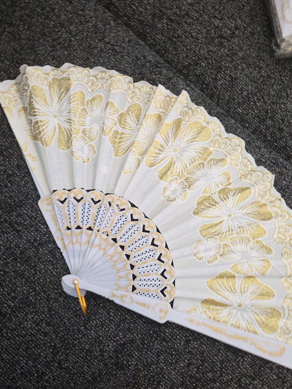 White Folding Hand Fan with Gold Floral Detailing
